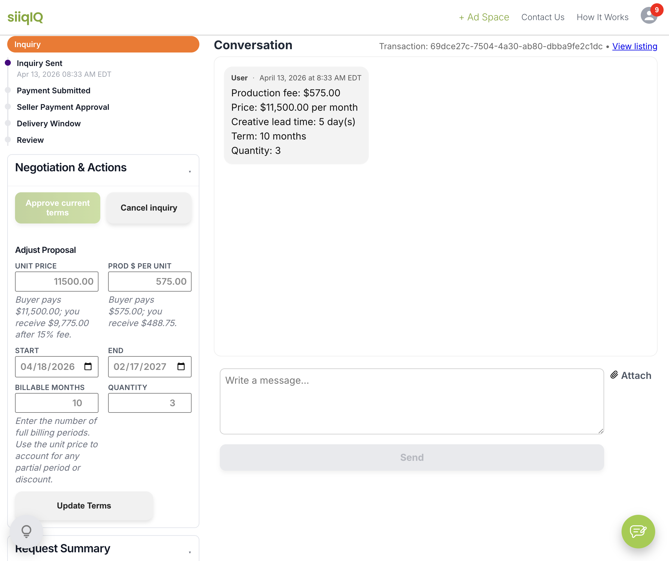 Example of a Siiq transaction conversation page
