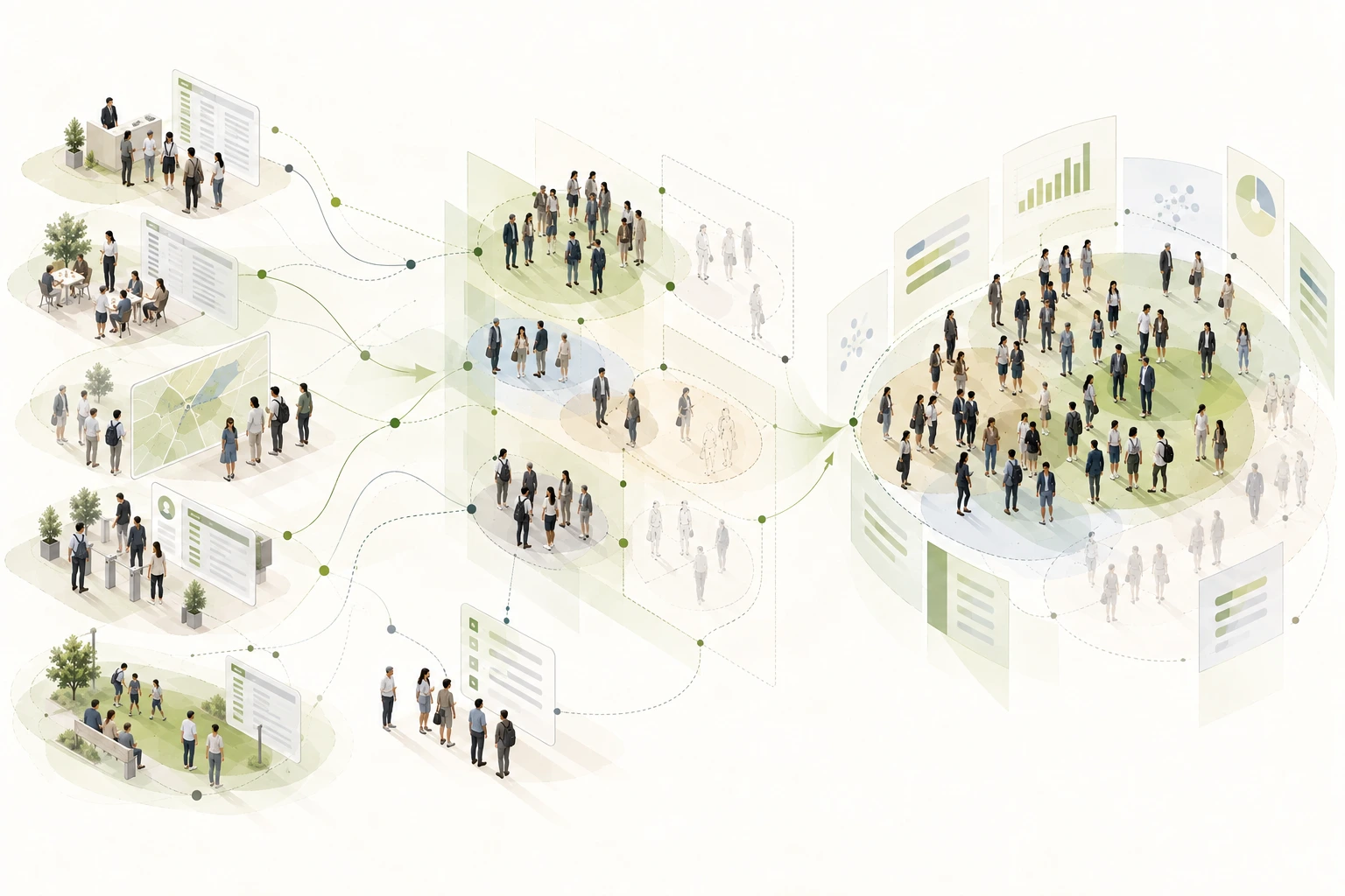 Illustration of existing business evidence, selected new audience research and remaining unknowns being organized into an Audience Profile.