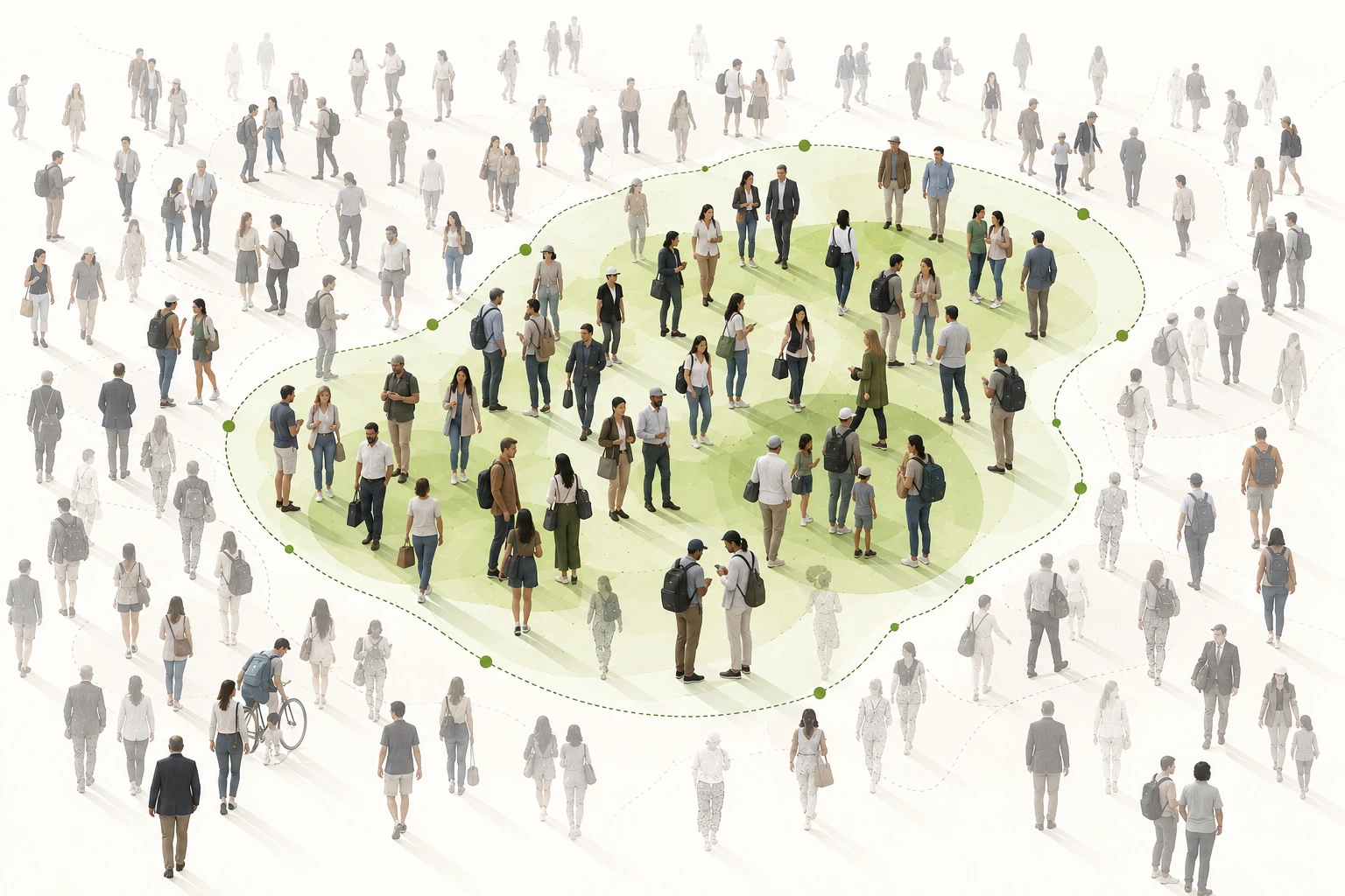 Illustration of a broad population narrowed by required audience conditions with softer preferred characteristics and areas of remaining uncertainty.