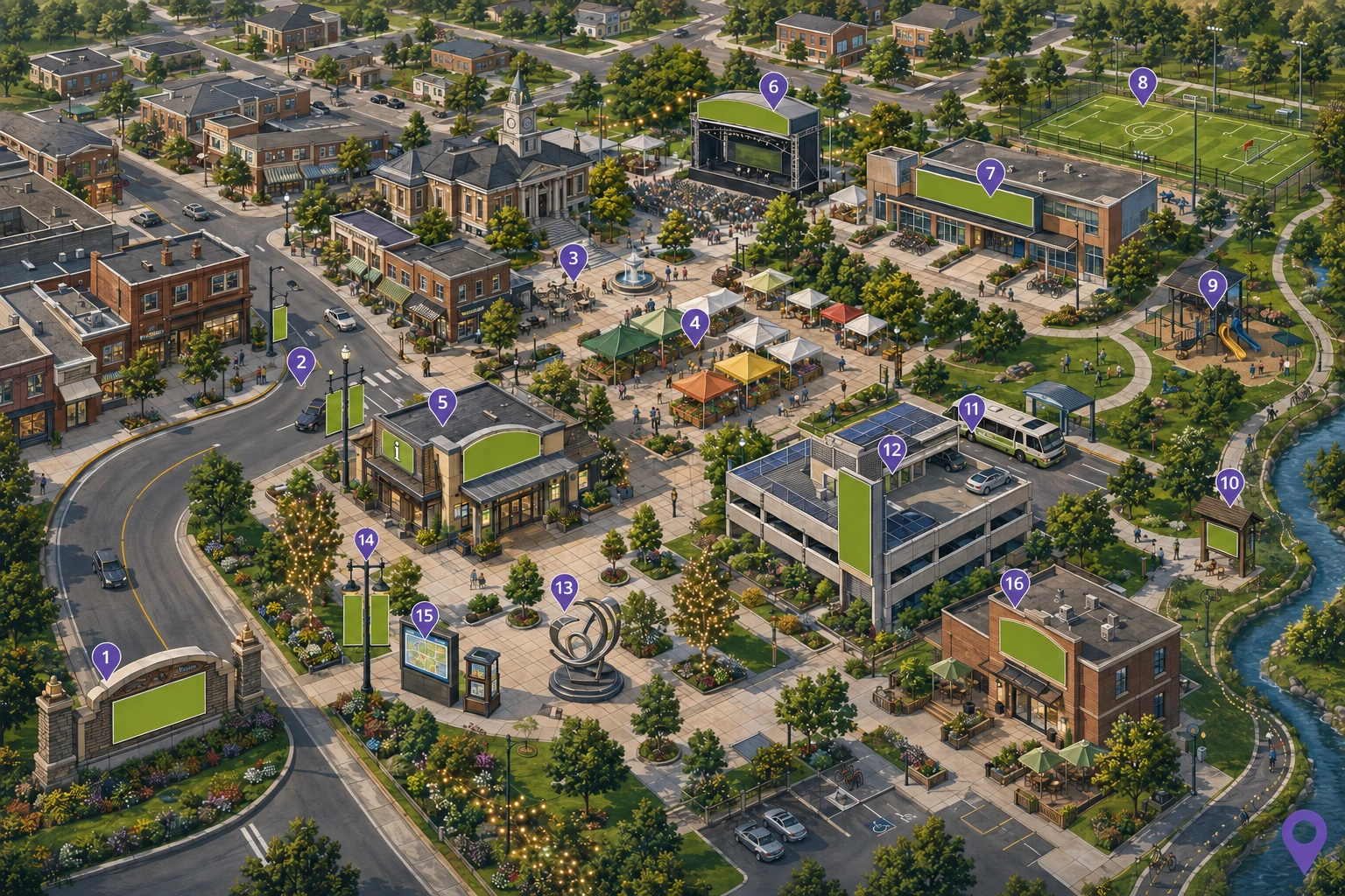 Illustrated community map identifying sponsorship opportunities across public spaces, events, recreation facilities, downtown streets, visitor services, and economic development programs.
