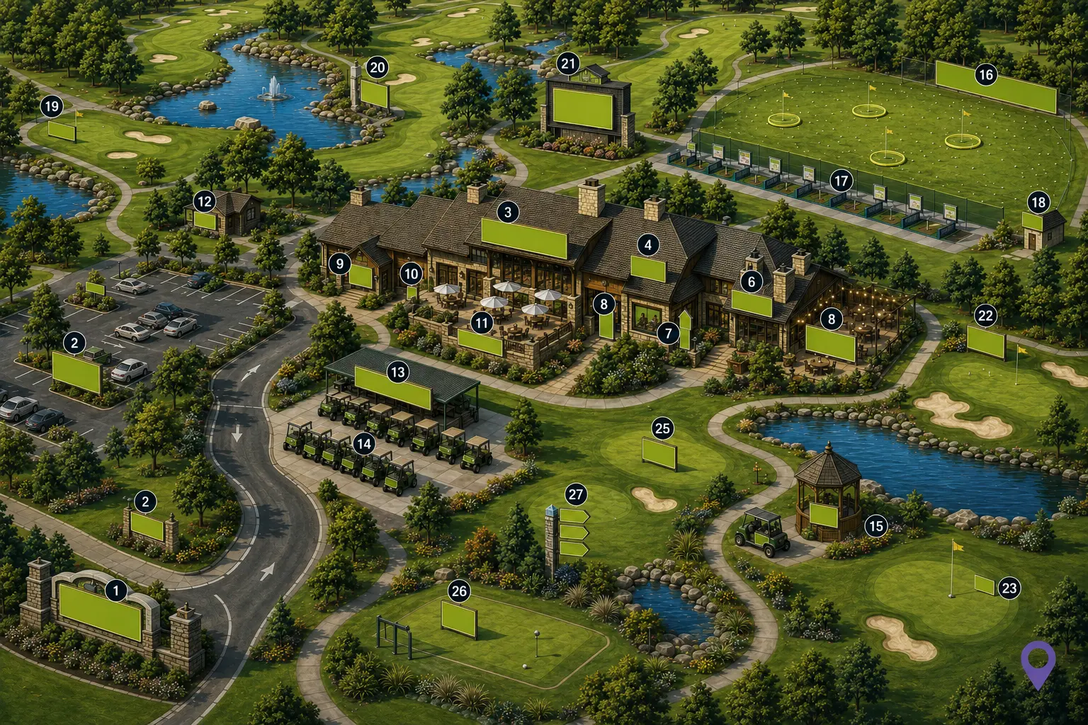Illustrated golf course map identifying advertising and sponsorship opportunities across the entrance, clubhouse, practice facilities, golf carts, driving range, and course.