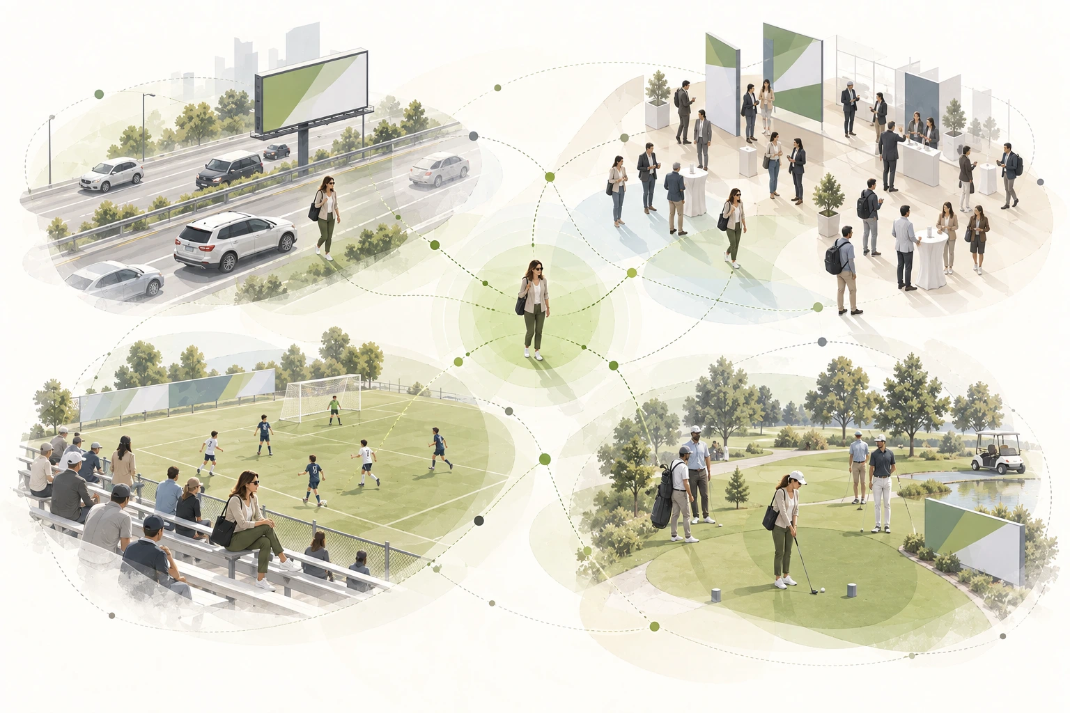 Illustration of the same person encountering advertising across commuting, professional, community sports and golf environments.